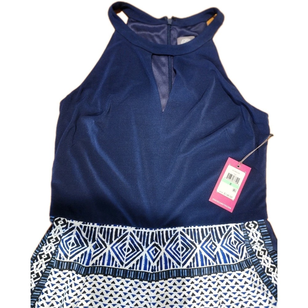 Vince Camuto Halter Jumpsuit Womens 8 Navy White Wide Leg Casual Boho Resort NEW - Picture 2 of 10